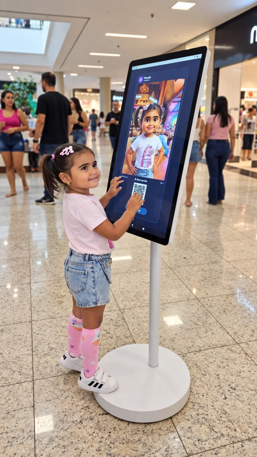 Criança interagindo com uma estação de fotos com IA
